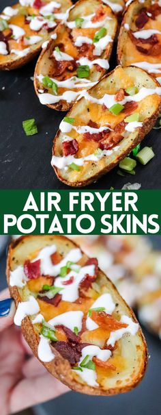 this air fryer potato skins is loaded with bacon, cheese and sour cream on top