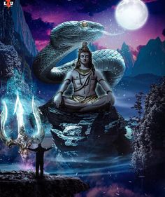 a man sitting on top of a mountain next to a giant snake in the sky