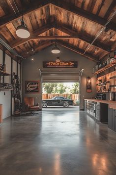 an open garage with a car parked in it