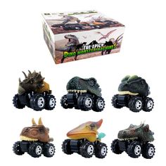 six toy vehicles with dinosaurs on them in front of a box