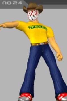 an animated image of a man in a yellow shirt and blue pants with his arms out