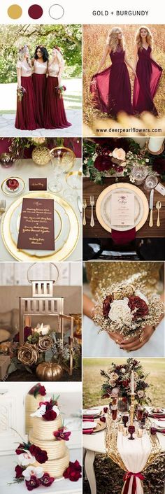 the wedding color scheme is burgundy and gold