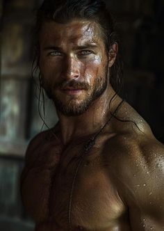 a shirtless man with wet hair and beard