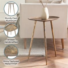 the side table has three different types of legs