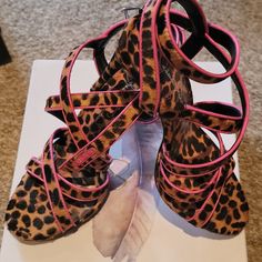 Super Cute Jessica Simpson Kendele Leopard Print Pink Trim Heels, Brand New In Box Never Worn! Love Them And Hate To Part With Them, But I Don't Wear Them! The Leopard Is A Fur Material And They Strap Around The Ankle. They Would Be The Perfect Touch To A Sexy Black Dress! Pink Synthetic Closed Toe Dance Shoes, Pink Synthetic Closed-toe Dance Shoes, Pink 4-inch Wedge Heels, Pink Fitted Wedge Heels, Fitted Pink Wedge Heels, Leopard Print Pink, Navy Blue Heels, Snake Heels, Denim Heels