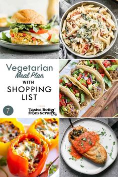 vegetarian meal plan with shopping list for 7 different dishes including pizza, pasta and salad