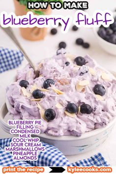 blueberry fluff in a bowl with spoon on the side and text overlay reading how to make blueberry fluff