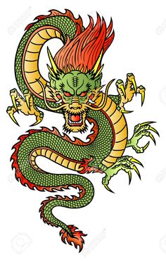 a green and yellow dragon with red hair