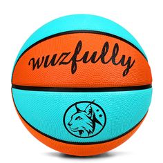 a blue and orange basketball with the word wufflely written on it