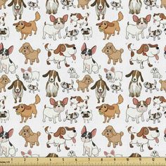 a white fabric with dogs and puppies on it