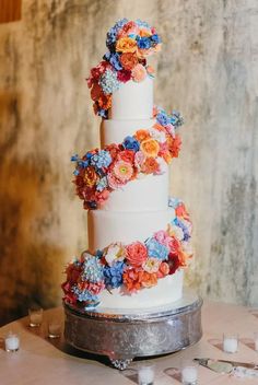 White three-tier wedding cake with flowers White Wedding, Wedding Cake, Piping