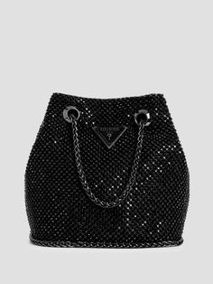 Rhinestone mesh pouch Shiny gunmetal hardware Enameled triangle logo Multiple interior pockets Chain drawstring Top handle with 2.75" drop. Detachable shoulder strap with 23.5" drop. 7"W x 4.25"D x 2.25"D Dream Handbags, Mesh Pouch, Gunmetal Hardware, Drawstring Top, Triangle Logo, Evening Bags, Top Handle, Makeup Looks, Shoulder Strap