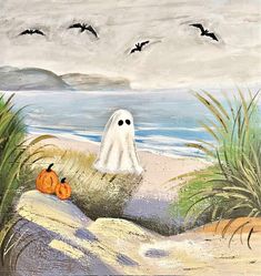 a painting of a ghost and two pumpkins on the beach