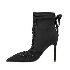 Stiletto Heel Lace Up Suede Upper Heel Height: 9 cm / 3.5 inch (Approx.) Shaft Height: 12 cm / 4.7 inch (Approx.) Chic High Ankle Lace-up Boots For Evening, Winter High Heel With Wrapped Heel, Winter High Heels With Wrapped Heel, Elegant Lace-up Heeled Boots For Night Out, Lace-up Evening Heels For Winter, Winter Evening Lace-up Heels, Party Ankle-high Heeled Boots With Wrapped Heel, Chic Lace-up Boots With Pointed Toe For Party, Lace-up Party Boots With Wrapped Heel