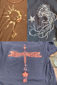 four different colored shirts with designs on them and one has a dragonfly drawn on it