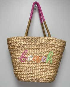 new with tag, TIME and TRU large jute straw beach bag tote embroidered "BEACH", beige cotton lining with pockets measures 18.5" wide x 12.5" tall x 7" opening with 12.5" strap drop Vacation Purse, Straw Beach Bag, Beach Tote Bags, Beach Bag, Beach Vacation, Straw Bag, Bags Handbags, Straw, Shoe Accessories