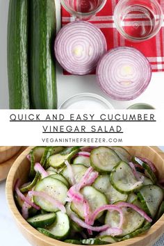 cucumber and onion salad in a wooden bowl with the text quick and easy cucumber vinegar salad