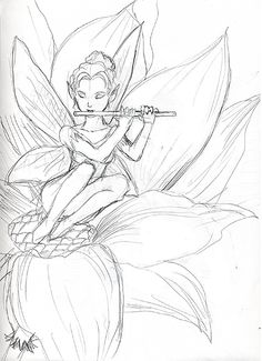 a drawing of a fairy sitting on top of a flower with a flute in her hand