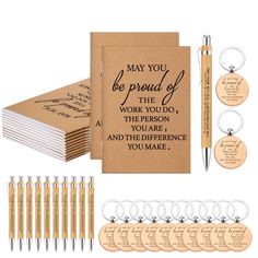 a set of six notepads, pen and magnets with the words may you be proud of the work you do