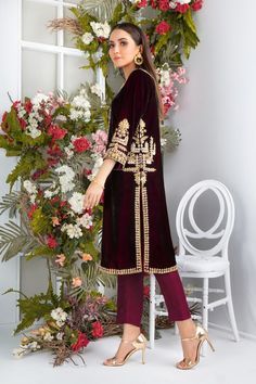 Rose Wood | Pakistani Designer Outfit | Sarosh Salman Velvet Pakistani Dress, Pakistani Formal Dresses, Luxury Pret, Designer Outfit, Velvet Dress Designs, Gaun Fashion, Trouser Suit, Dark Maroon, Rose Wood