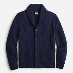 J.Crew Checker-Stitch Men's Cardigan Sweater Classic Blue Knit Outerwear, Blue Shawl Collar Cardigan For Fall, Mens Shawl Collar Cardigan, Mens Shawl, Mens Cardigan Sweater, J Crew Style, Shawl Collar Cardigan, Shawl Cardigan, Men's Sweaters