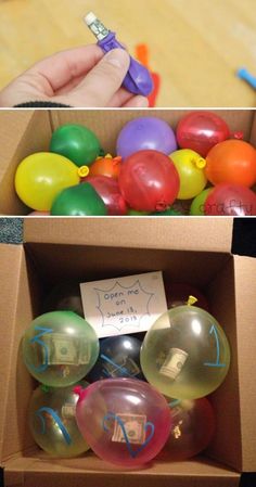 there are two boxes with balloons in them and one has a note on the box