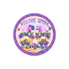 a welcome spring sign with flowers and mushrooms on it's side, in purple polka dots