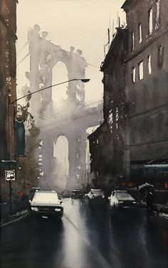 a painting of cars driving down a street next to tall buildings and an arch in the background