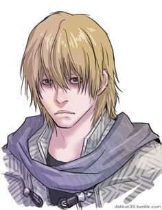 an anime character with blonde hair wearing a scarf and looking at the camera while he has his eyes closed