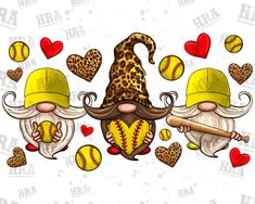 two gnomes with hats and mustaches are holding baseball balls in their hands, surrounded by hearts