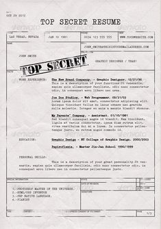 the top secret resume is shown in black and white