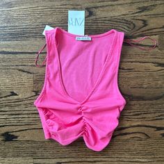 Bright Pink Crop Top Zara Pink Tank Top For Spring, Spring V-neck Ruched Crop Top, Spring Ruched V-neck Crop Top, Ruched V-neck Crop Top For Spring, Pink Crop Top, Zara Tops, Bright Pink, Crop Top, Zara