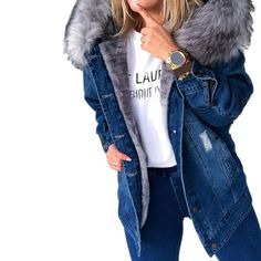 Stay cozy and on-trend this winter with our Women's Warm Fluffy Collar Hooded Denim Jacket, the perfect addition to your 2023 winter fashion outfits! Made with high-quality denim and fluffy fabric, this jacket features a unique and stylish design that's perfect for any occasion.The fluffy collar and hood add an extra layer of warmth, while the denim material creates a versatile and classic look. Dress it up with a dress and boots, or keep it casual with jeans and sneakers.Order now and experienc Winter Mode Outfits, Fur Jacket Women, Grey Street, Denim Coat Women, Oversized Jean Jacket, Denim Fashion Women, Hooded Denim Jacket, Moda Jeans, Outwear Jackets