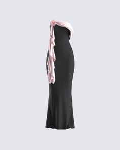 Serving elegance starts with this black draped maxi dress 🖤 Constructed from stretch crepe fabric and complete with a cascading drape, mermaid silhouette, rosette trim, and gripper tape along the top edge for an elevated and exquisite look ✨ Rosette Trim, Pink Satin Fabric, Drape Maxi Dress, Ruffle Maxi Dress, Pretty Prom Dresses, Looks Black, Pink Ruffle, Glam Dresses