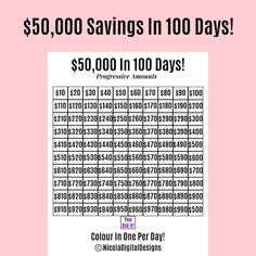 a pink poster with the words $ 50, 000 savings in 100 days