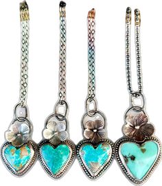 Classic Heart Pendant Jewelry With Flower Charm, Sterling Silver Heart Pendant With Flower Charm, Sterling Silver Heart Pendant With Flower Charm Jewelry, Elegant Turquoise Heart Beads Jewelry, Unique Heart-shaped Turquoise Jewelry, Turquoise Heart Charm Pendant Necklace, Unique Turquoise Heart-shaped Jewelry, Elegant Turquoise Jewelry With Heart Beads, Sterling Silver Heart Pendant Necklace With Flower Charm