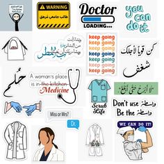 many different stickers are arranged on a white background, including doctors and nurse's