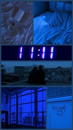 four different pictures with blue lights in the bedroom and an open book sitting on top of a bed