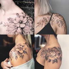 three different pictures of the back of a woman's shoulder with flowers on it