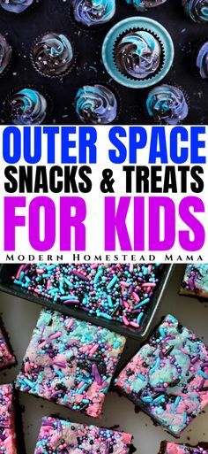 colorful sprinkles and treats for kids on a table with text overlay that reads outer space snacks & treats for kids