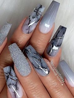 Gray Nail, Marble Nail Designs, Elegant Nail, Marble Nail, Valentine Nails, Ombre Acrylic Nails, Cute Acrylic Nail Designs, Gray Nails, Coffin Shape Nails