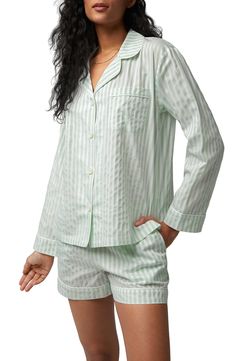 These organic-cotton sateen jammies will have you dreaming sweetly in easy comfort. 27" Regular top length; 3 1/2" inseam; 28 1/2" Plus top length; 3 1/2" inseam Top has notched collar; long sleeves 100% organic cotton Machine wash, tumble dry Imported Spring Sleepwear With Relaxed Fit, Green Cotton Sleepwear For Bedtime, Spring Sleepwear With Relaxed Fit For Bedtime, Relaxed Fit Sleepwear For Spring Bedtime, Relaxed Fit Spring Sleepwear For Bedtime, Green Cotton Spring Sleepwear, Green Cotton Sleepwear For Spring, Spring Relaxed Fit Pajama Shorts For Home, Green Relaxed Fit Cotton Pajama Shorts