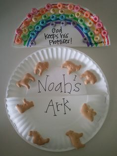 paper plate with noah's ark written on it and rainbow painted over the top