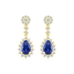 Make a bold statement with our blue sapphire dangle earrings. Crafted from solid 10k yellow gold, they feature 1.1 ct lab-created blue sapphires and a 0.49 ct lab-created white sapphire drop and halo. Yellow Gold Sapphire Drop Earrings, Diamond Cleaner, Precious Gems, Jewelry Case, White Sapphire, Jewelry Care, Blue Sapphire, Gemstone Jewelry, Halo