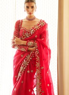 Regal Red Satin Organza Mirrorwork Saree With Full Sleeved Blouse Saree Vvani by Vani Vats Red Fancy Saree Blouse Designs, Red Blouse Full Sleeves, Bridal Full Sleeve Blouse, Red Saree Full Sleeve Blouse, Full Hands Blouses For Sarees, Red Organza Saree Look, Red Blouse Design Full Sleeve, Full Hands Blouse Designs For Saree, Saree Blouse Designs Latest Full Sleeve