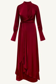 Effortlessly elegant, the Serena Satin Maxi Dress in Burgundy will make you stand out in any occasion. With a flattering mock neck, button flare sleeves, and an adjustable side tie, this dress is designed to make you feel confident and sophisticated. Perfect for any formal event or special occasion. Model is 5'7" and is wearing size XS/58". Abaya Photoshoot, Satin Dress Hijab, Dress With Neck Tie, Dress Reference, Hijab Fashion Summer, White Dress Formal, Dresses Flowy, Nikkah Dress, Burgundy Dresses