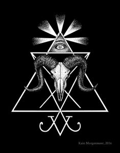 a goat skull with an all seeing eye on it's head in the triangle