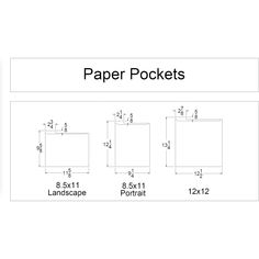 paper pockets are shown in three different sizes and shapes, with the measurements for each section