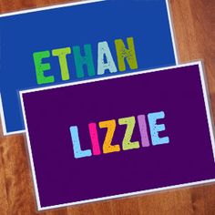 two stickers with the words ethan and lizzie written in multicolored letters