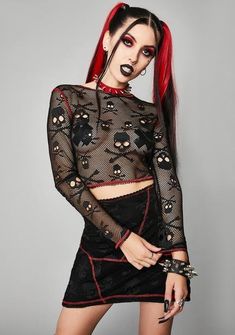 Widow Bite Me Embroidered Mock Neck Long Sleeve - Black | Dolls Kill Black Fishnet Top, Azteca Tattoo, Fishnet Outfit, Punk Plaid, Black Metal Girl, Gothic Punk Fashion, Goth Dresses, Occult Fashion, 2000s Outfit